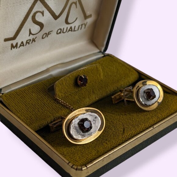 Vintage Orange Glass Cufflink & Tie Pin Set - Picture 2 of 8